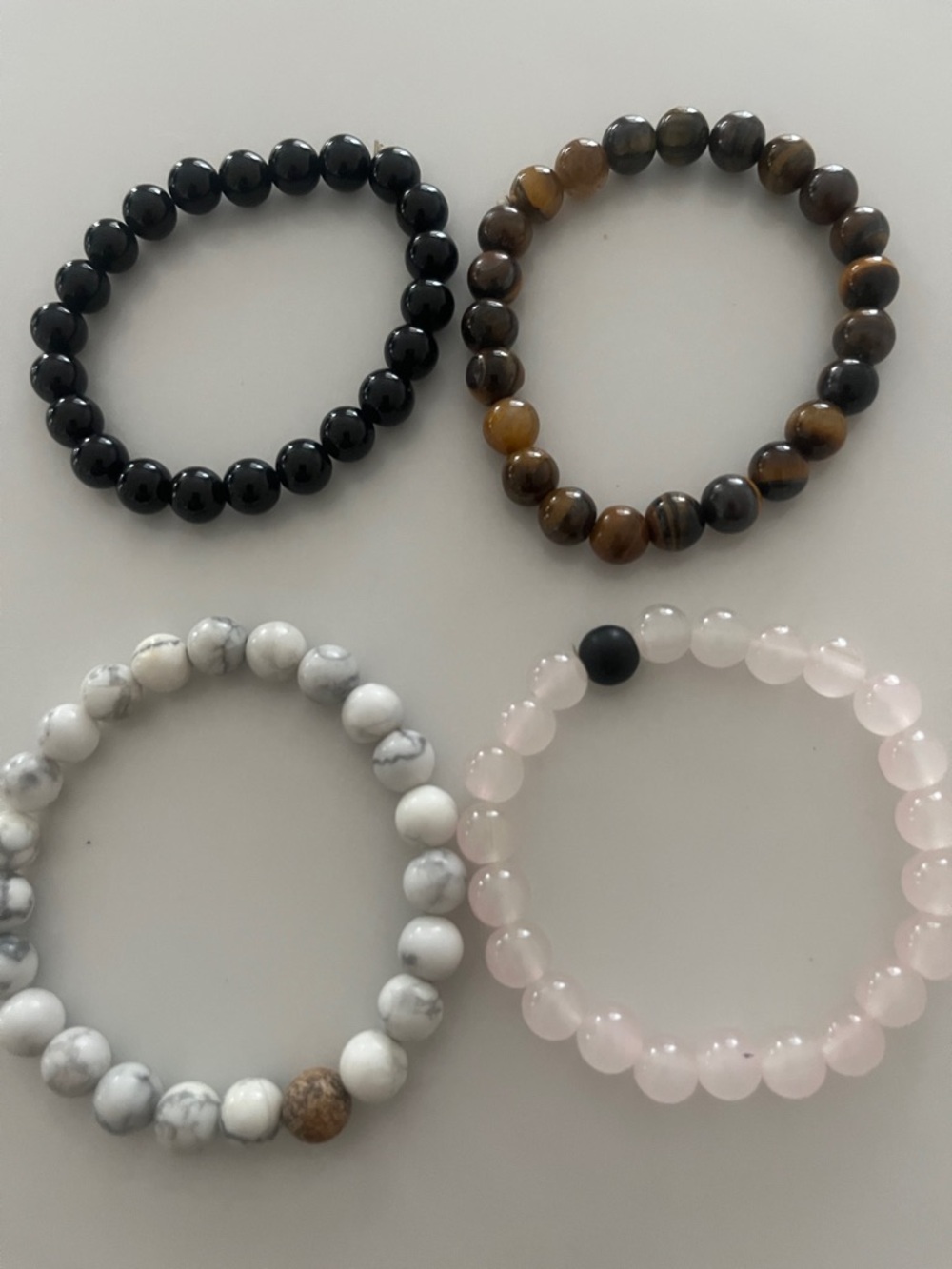 Beaded Gemstone Stretch Bracelets - Black, Brown, White, Pink (Set of 4)